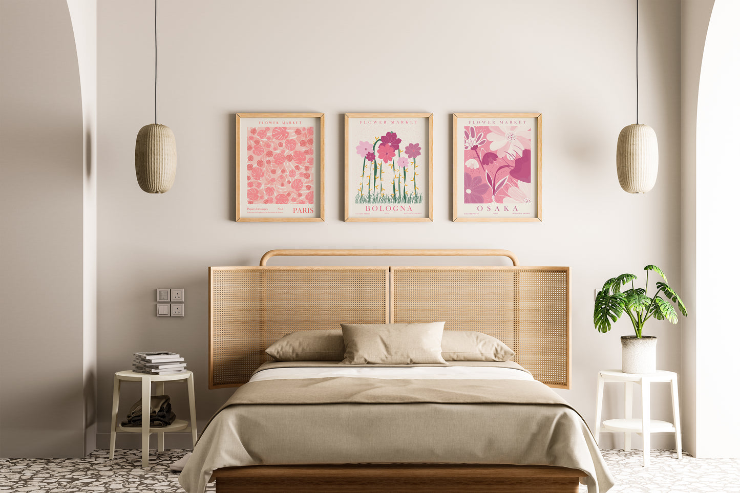 Pink Flower Wall Art Set of 3 Posters, Flower Market Art Prints, Floral Home Decor, Digital Download, Bologna, Osaka, Paris Prints