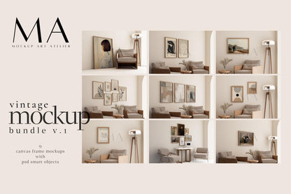 Vintage Gallery Frame Mockup Bundle, 9 Pieces of Interior Poster Mockups, No.1