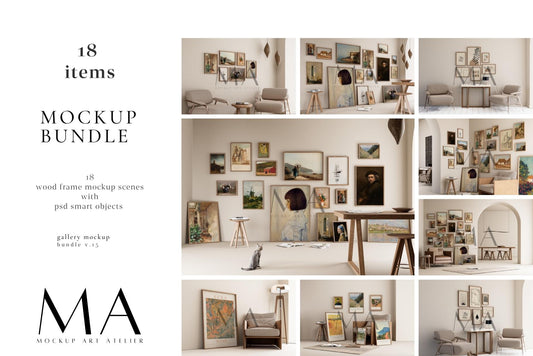 18 Interior Frame Mockup Scene, Vintage Decor Gallery Set Mockups, V.15