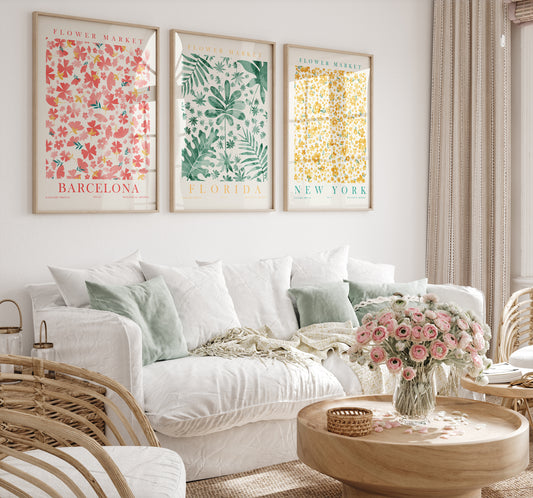 Flower Market Wall Decor, Digital Download Colorful Flower Wall Art Set, Set of 3 Prints, Yellow, Green Floral Home Decor, Barcelona, New York, Florida Art Prints