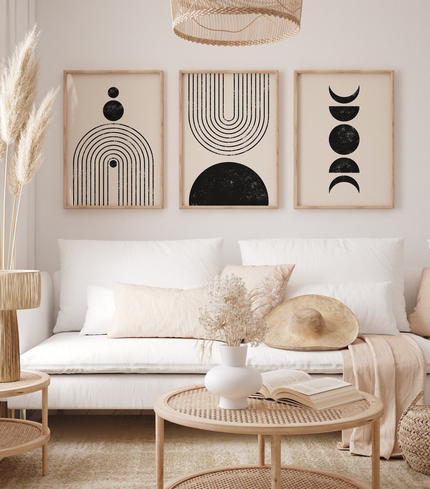 Black and Beige Abstract Geometric Wall Art Set, Digital Download Apartment Decor Posters, Set of 3 Cozy Art Prints