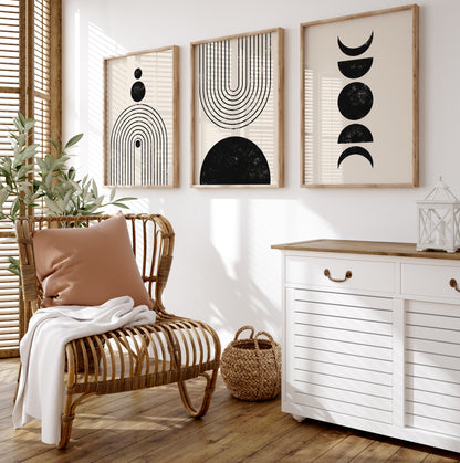 Black and Beige Abstract Geometric Wall Art Set, Digital Download Apartment Decor Posters, Set of 3 Cozy Art Prints