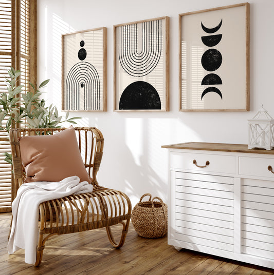 Black and Beige Abstract Geometric Wall Art Set, Digital Download Apartment Decor Posters, Set of 3 Cozy Art Prints