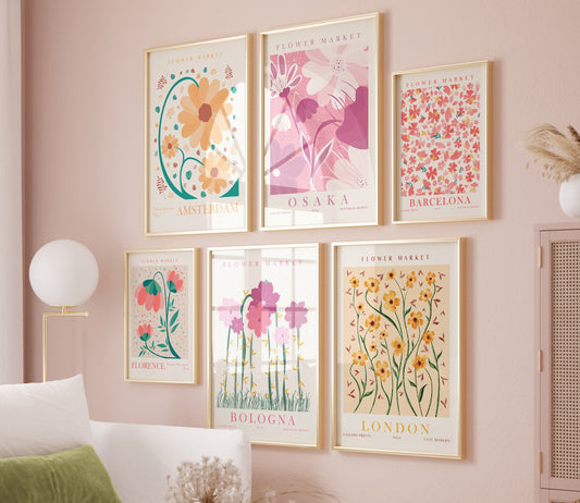 Modern Flower Living Room Decor, Flower Market Wall Art Set, 6 Pieces of Botanical Posters, Digital Download Floral Prints