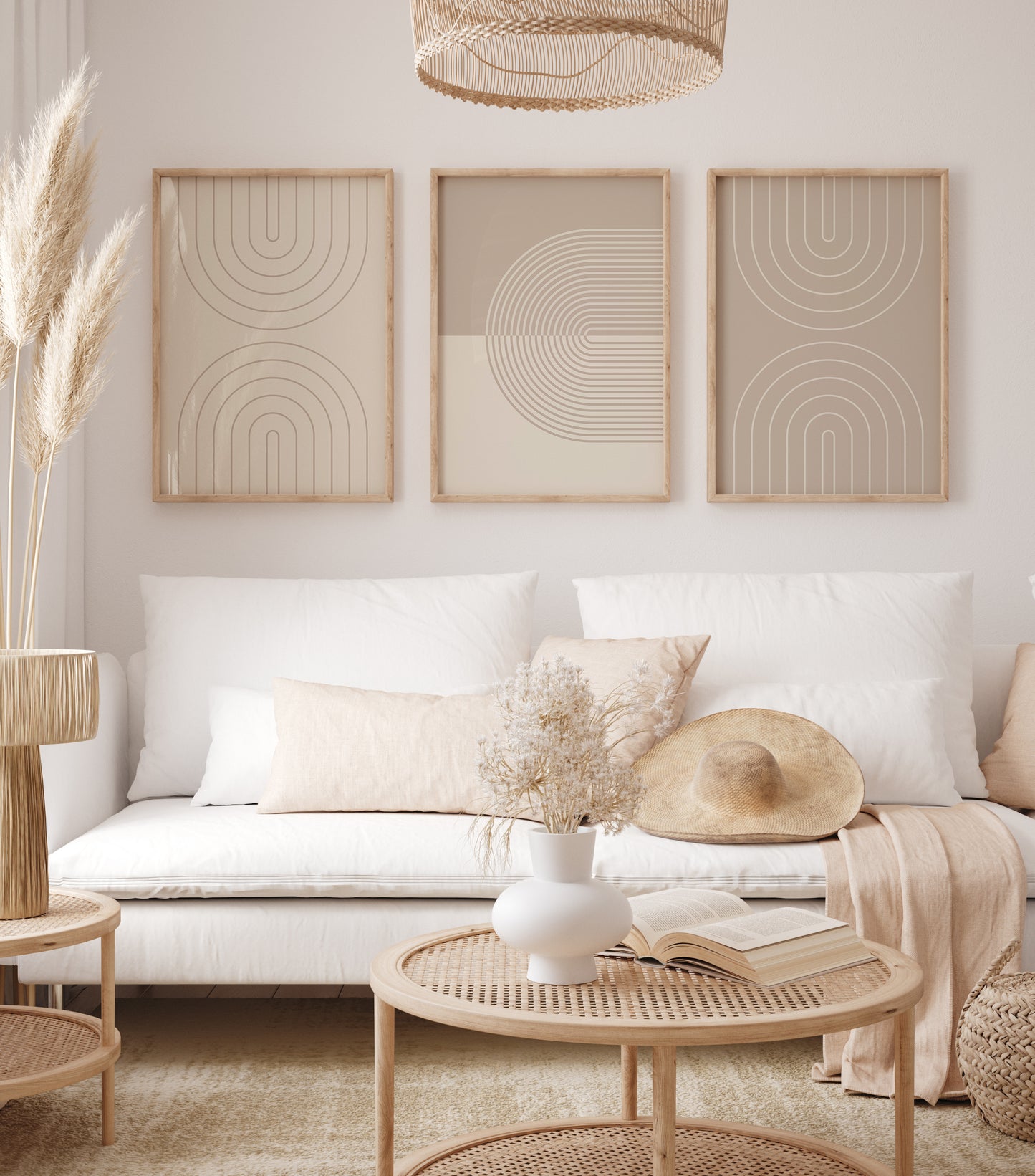 Boho Beige Abstract Wall Art Set, Scandinavian Apartment Decor, Digital Download, 3 Pieces of Modern Geometric Posters