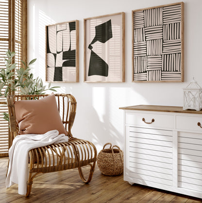 Black and Beige Japandi Wall Art Set, Digital Download Boho Abstract Artworks, Set of 3 Posters, Wabi Sabi Apartment Decor, Nordic Art Prints