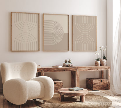 Boho Beige Abstract Wall Art Set, Scandinavian Apartment Decor, Digital Download, 3 Pieces of Modern Geometric Posters