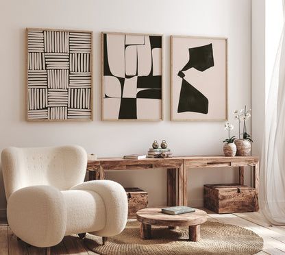 Black and Beige Japandi Wall Art Set, Digital Download Boho Abstract Artworks, Set of 3 Posters, Wabi Sabi Apartment Decor, Nordic Art Prints