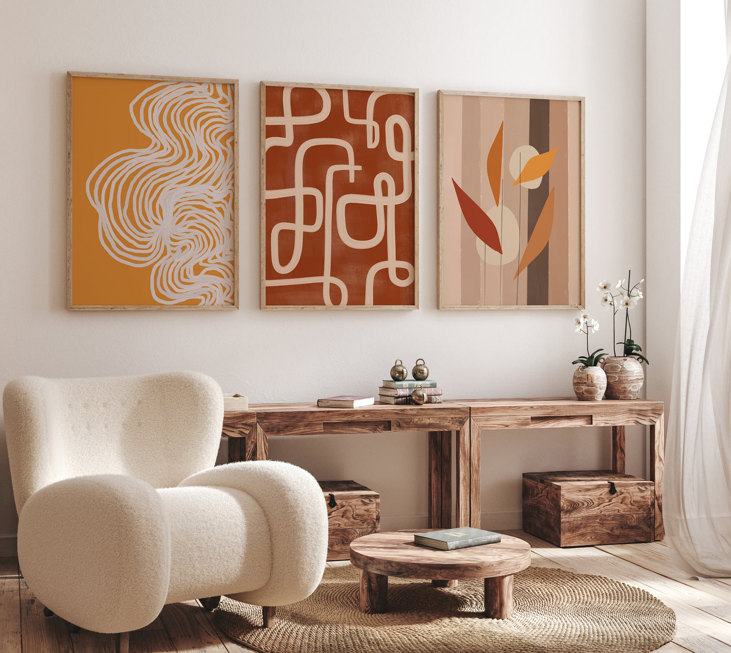 Boho Abstract Apartment Wall Decor Set, Digital Download Japandi Posters, Set of 3 Wabi Sabi Home Decor