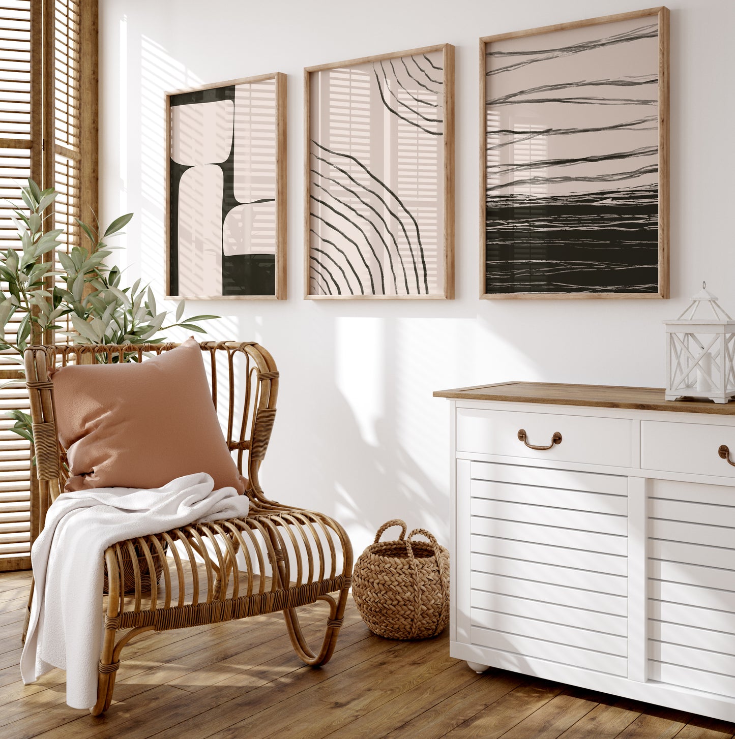 Black and Beige Japandi Wall Art Set, Boho Apartment Decor, Digital Download Abstract Poster Set of 3