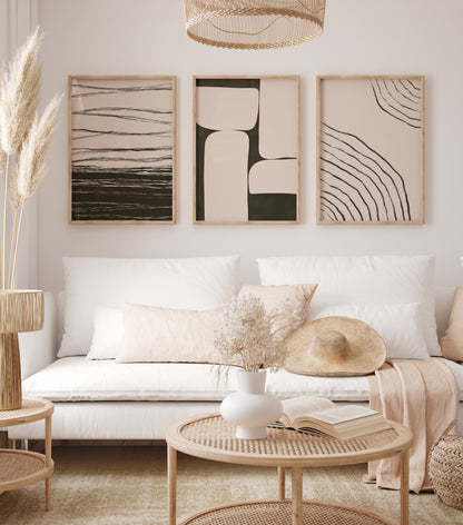 Black and Beige Japandi Wall Art Set, Boho Apartment Decor, Digital Download Abstract Poster Set of 3