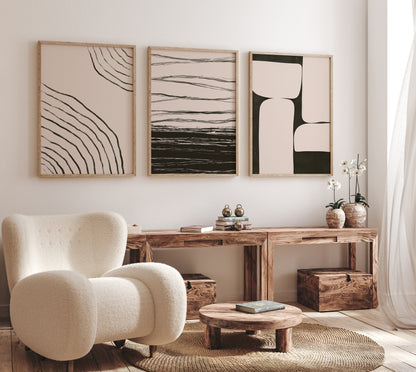 Black and Beige Japandi Wall Art Set, Boho Apartment Decor, Digital Download Abstract Poster Set of 3