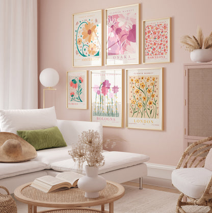 Modern Flower Living Room Decor, Flower Market Wall Art Set, 6 Pieces of Botanical Posters, Digital Download Floral Prints
