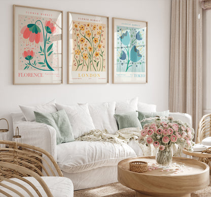 Flower Market Prints, Set of 3 Wall Art, Floral Apartment Wall Decor, Florence, London, Tokyo Flower Digital Posters