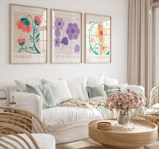 Flower Market Set of 3 Prints, Digital Flower Apartment Wall Art, Purple, Yellow, Pink Floral Wall Decor, Stockholm, Amsterdam, Florence Wall Art