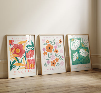 Retro Flower Market Wall Art, Set of 3 Flower Artworks, Digital Download Floral Apartment Wall Decor, Madrid, Milano, Lisbon Prints