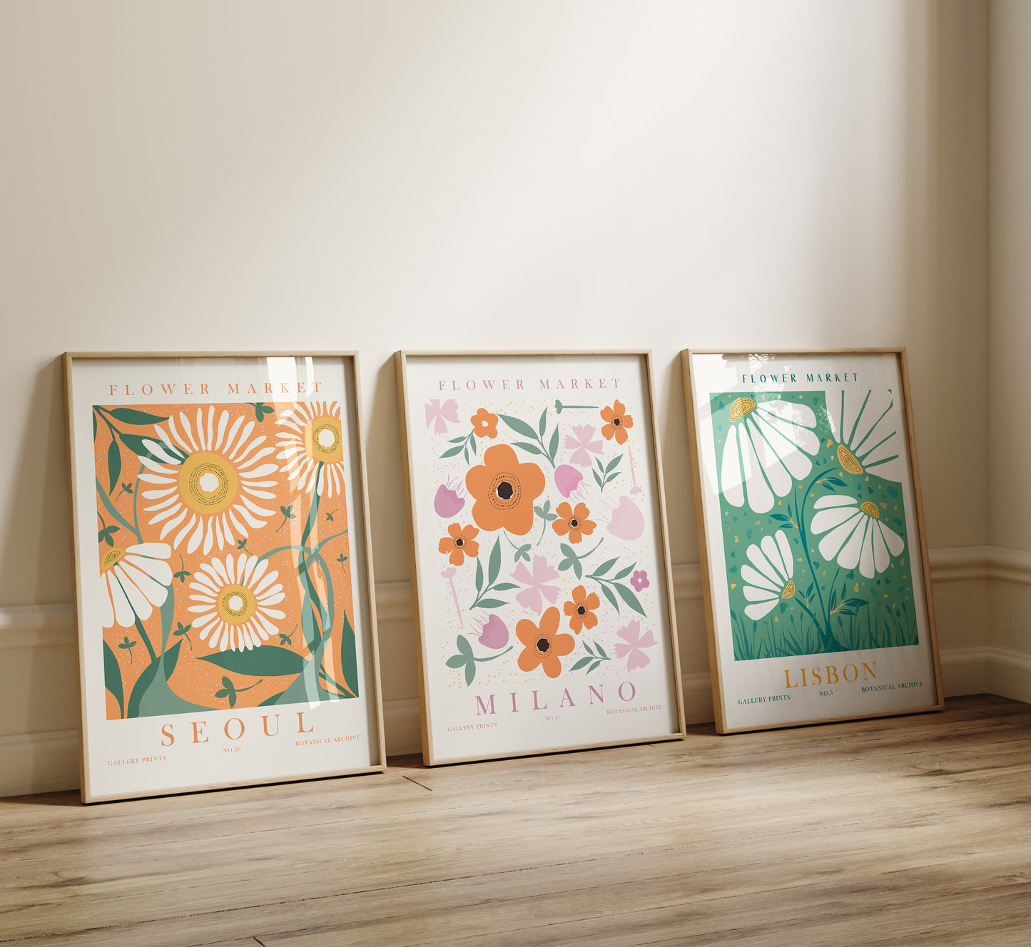 Orange Green Flower Wall Art Set, 3 Pieces of Digital Floral Wall Decor, Lisbon, Milano, Seoul Posters, Flower Market Travel Prints