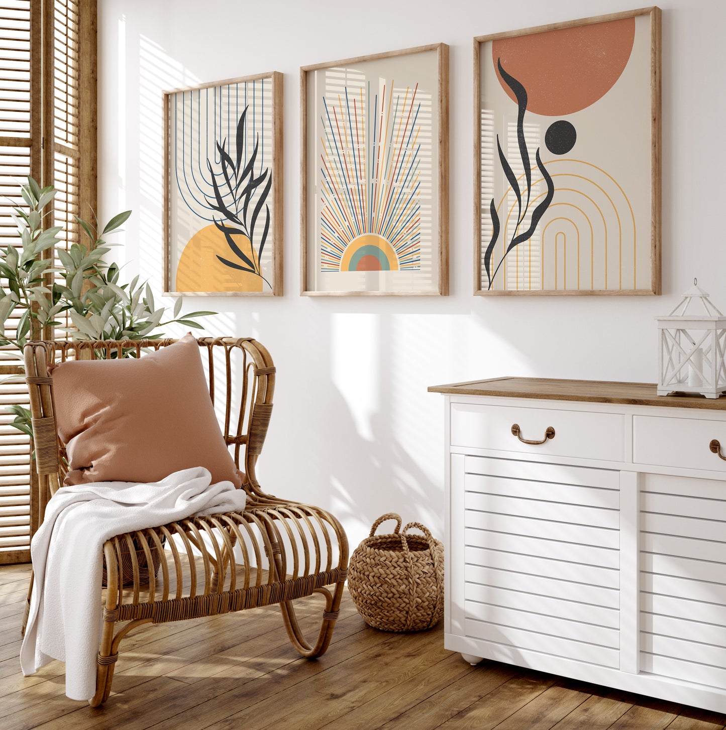 Boho 3 Pieces of Posters Wall Decor, Orange Yellow Wall Art, Boho Sun Art Print, Mid Century Modern