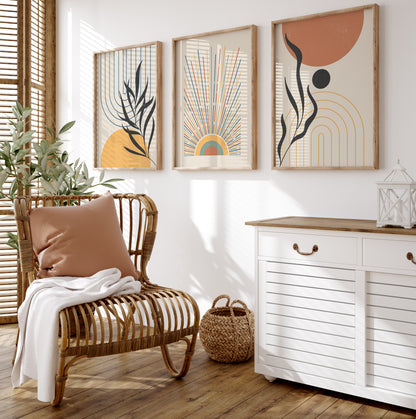 Boho 3 Pieces of Posters Wall Decor, Orange Yellow Wall Art, Boho Sun Art Print, Mid Century Modern