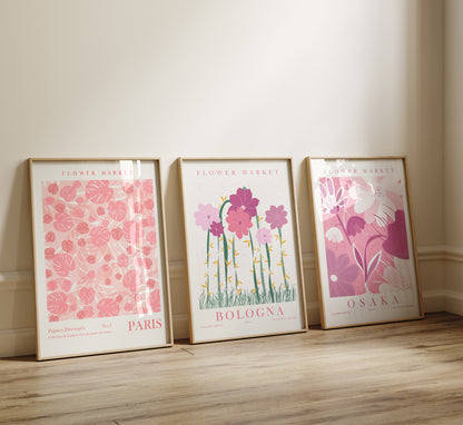 Pink Flower Wall Art Set of 3 Posters, Flower Market Art Prints, Floral Home Decor, Digital Download, Bologna, Osaka, Paris Prints