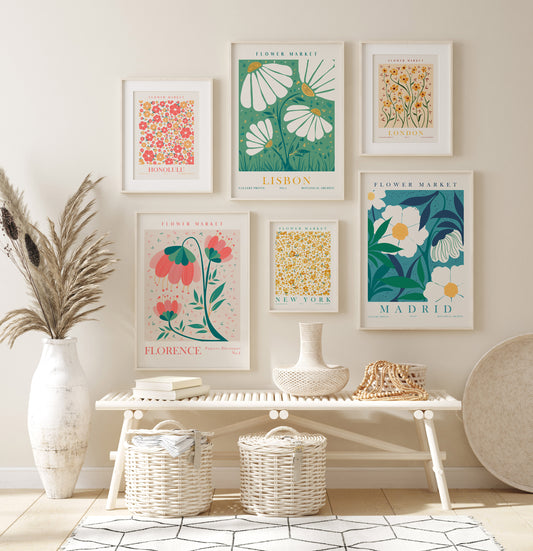 Flower Market Wall Art Set of 6, Digital Download Floral Apartment Decor, Madrid, London, Honolulu Prints