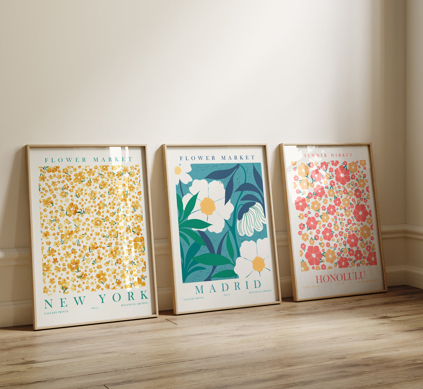 Flower Market Wall Art Set, 3 Pieces of Flower Wall Decor, Digital Download Floral Wall Decor, Madrid, Honolulu, New York Posters