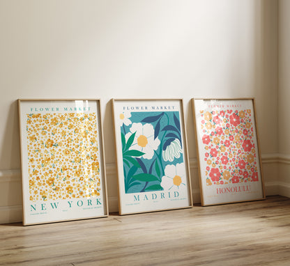 Flower Market Wall Art Set, 3 Pieces of Flower Wall Decor, Digital Download Floral Wall Decor, Madrid, Honolulu, New York Posters