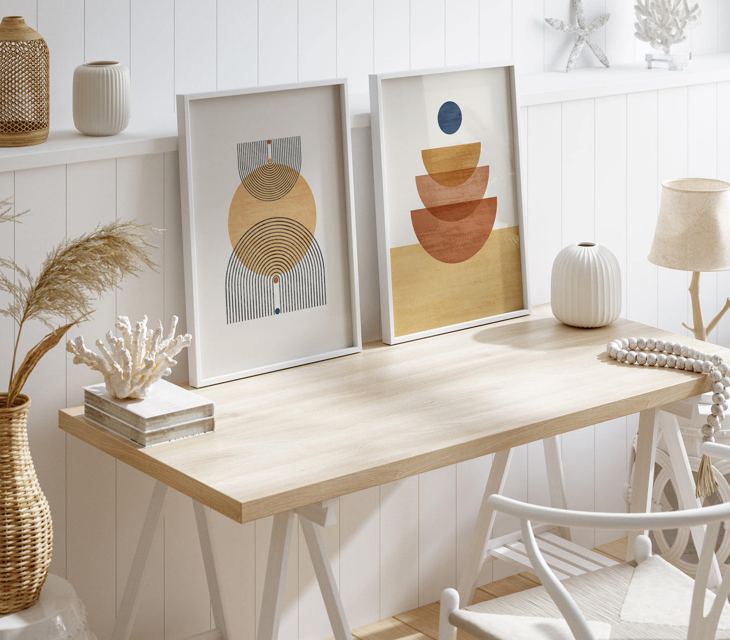 Abstract Geometric Orange Yellow Boho Wall Art Set, Mid Century Modern Home Decor, Set of 3 Prints