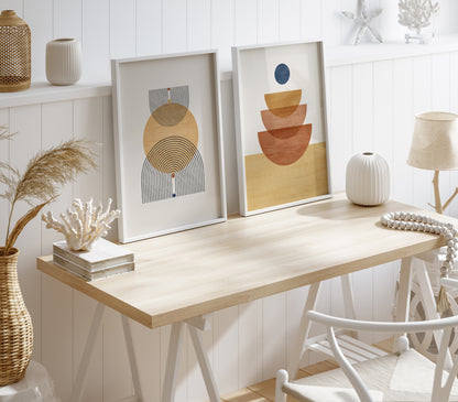 Abstract Geometric Orange Yellow Boho Wall Art Set, Mid Century Modern Home Decor, Set of 3 Prints