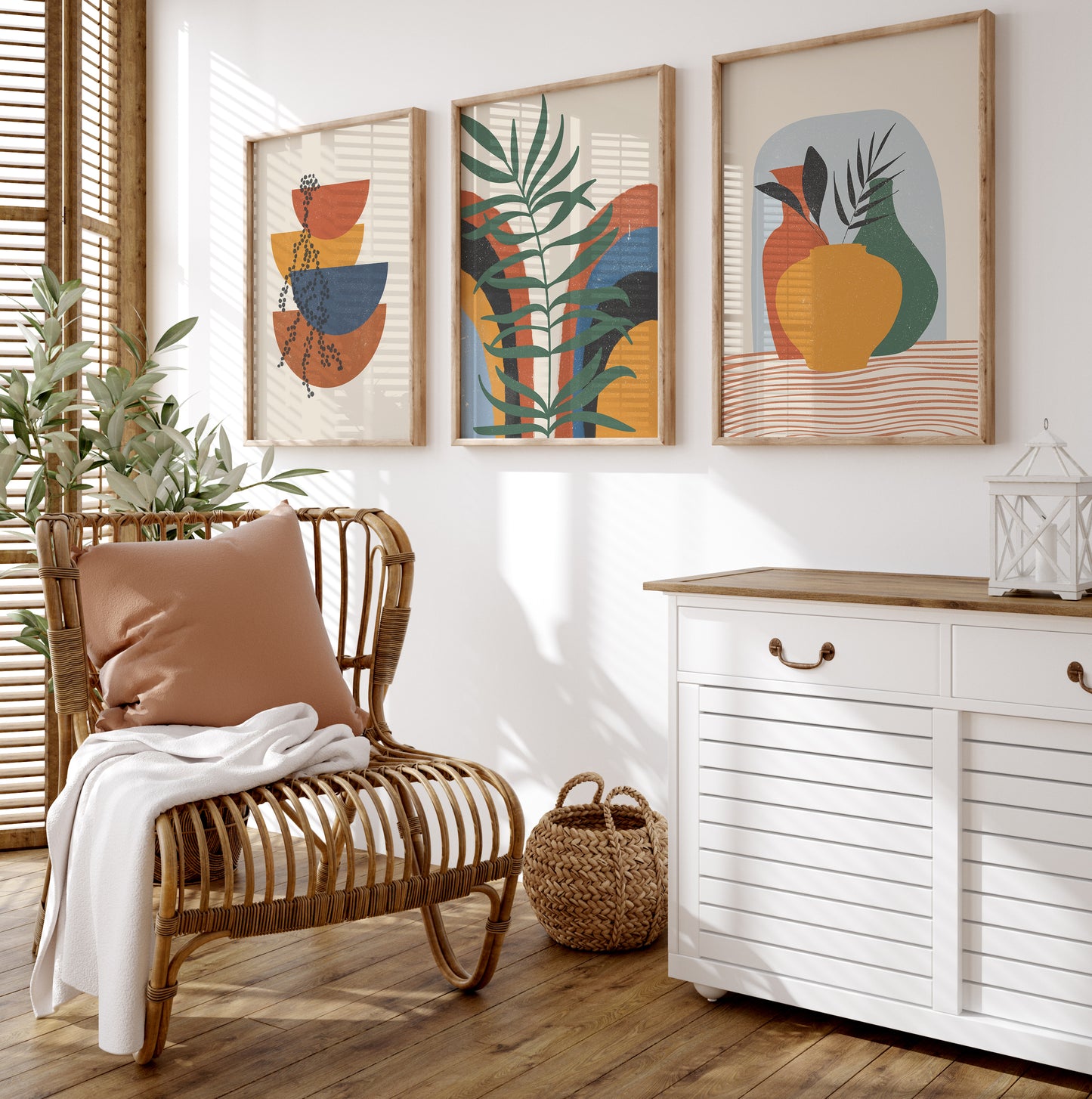 Orange Green Boho Wall Art Set of 3 Art Prints, High Quality Digital Posters