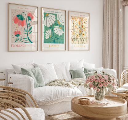 Flower Market Wall Art Set of 6, Digital Download Floral Apartment Decor, Madrid, London, Honolulu Prints
