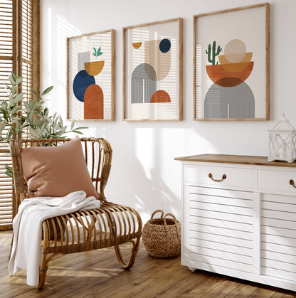 Abstract Boho Wall Art Set, Orange Yellow Blue Wall Decor Prints, Set of 3 Posters, Digital Download