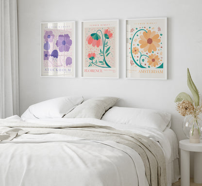 Flower Market Set of 3 Prints, Digital Flower Apartment Wall Art, Purple, Yellow, Pink Floral Wall Decor, Stockholm, Amsterdam, Florence Wall Art