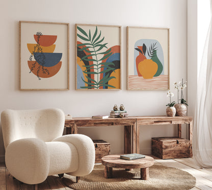 Orange Green Boho Wall Art Set of 3 Art Prints, High Quality Digital Posters