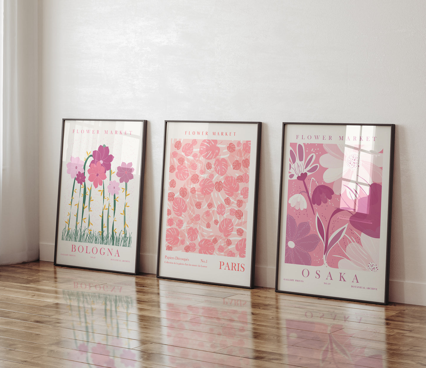 Pink Flower Wall Art Set of 3 Posters, Flower Market Art Prints, Floral Home Decor, Digital Download, Bologna, Osaka, Paris Prints