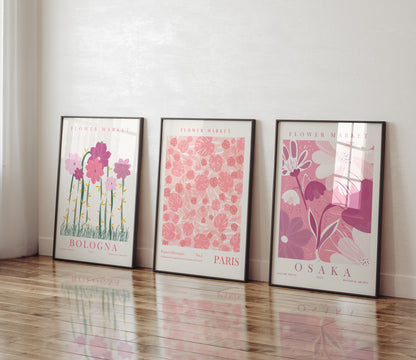 Pink Flower Wall Art Set of 3 Posters, Flower Market Art Prints, Floral Home Decor, Digital Download, Bologna, Osaka, Paris Prints