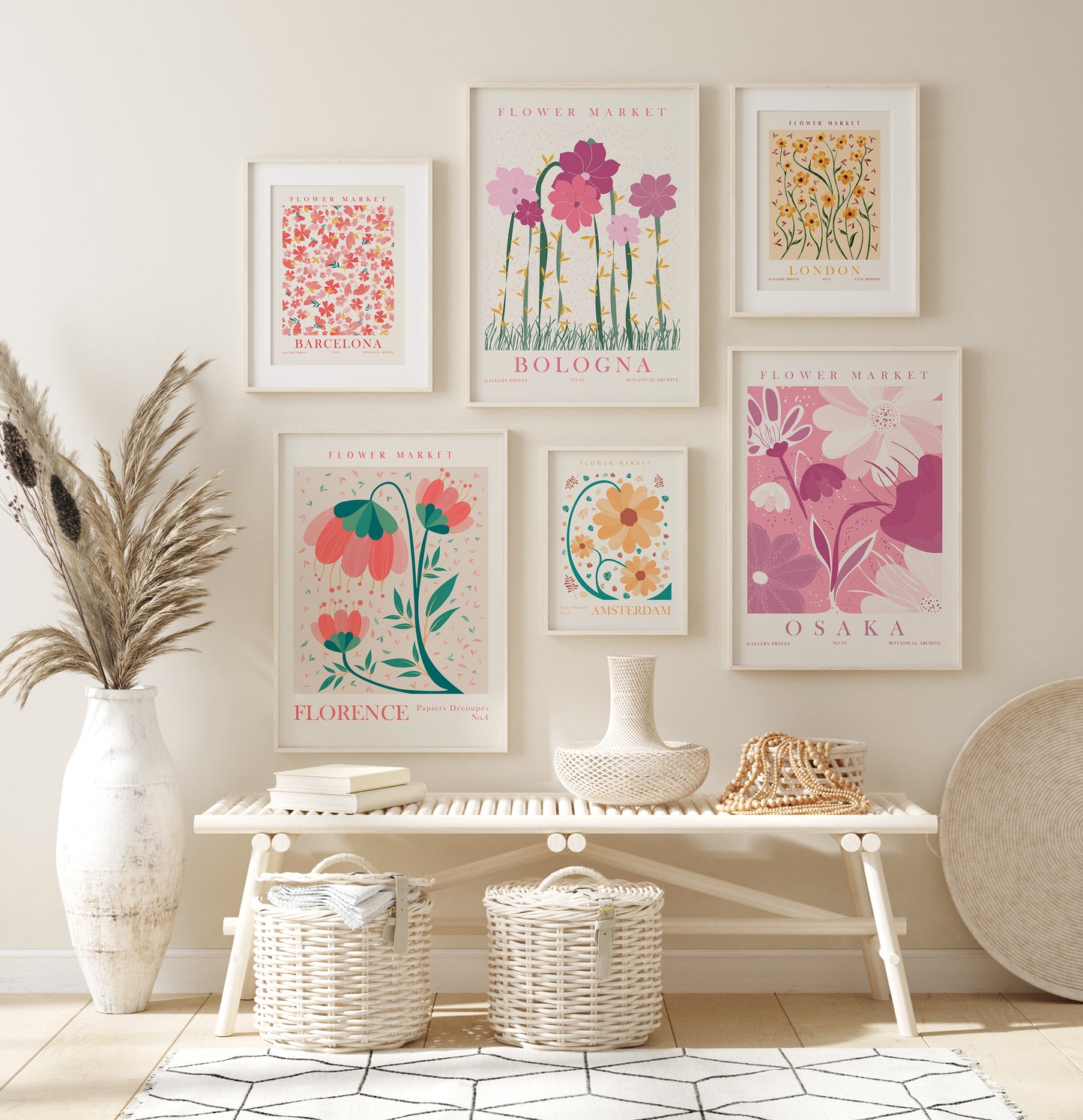 Modern Flower Living Room Decor, Flower Market Wall Art Set, 6 Pieces of Botanical Posters, Digital Download Floral Prints