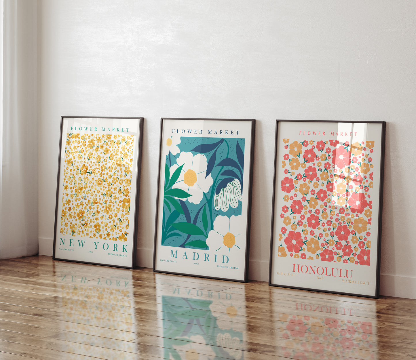 Flower Market Wall Art Set, 3 Pieces of Flower Wall Decor, Digital Download Floral Wall Decor, Madrid, Honolulu, New York Posters