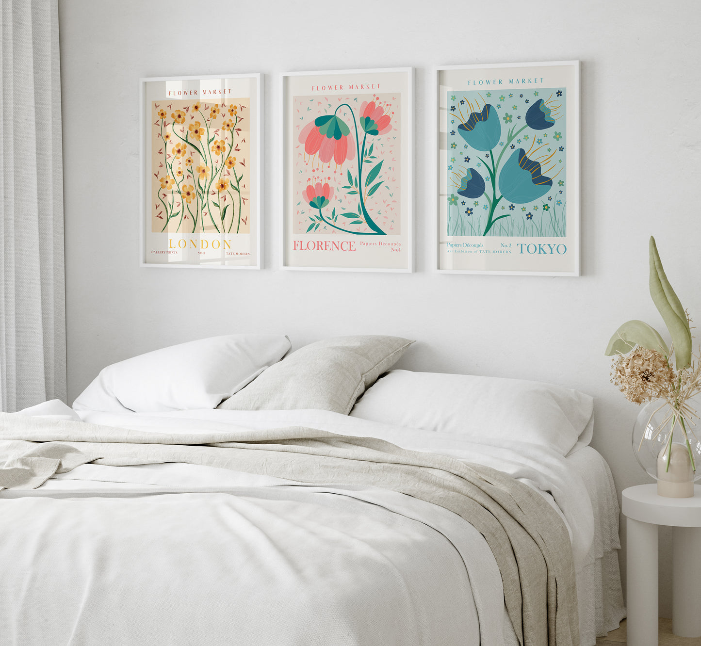 Flower Market Prints, Set of 3 Wall Art, Floral Apartment Wall Decor, Florence, London, Tokyo Flower Digital Posters