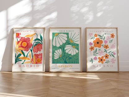 Retro Flower Market Wall Art, Set of 3 Flower Artworks, Digital Download Floral Apartment Wall Decor, Madrid, Milano, Lisbon Prints