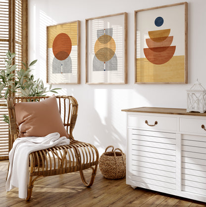 Abstract Geometric Orange Yellow Boho Wall Art Set, Mid Century Modern Home Decor, Set of 3 Prints