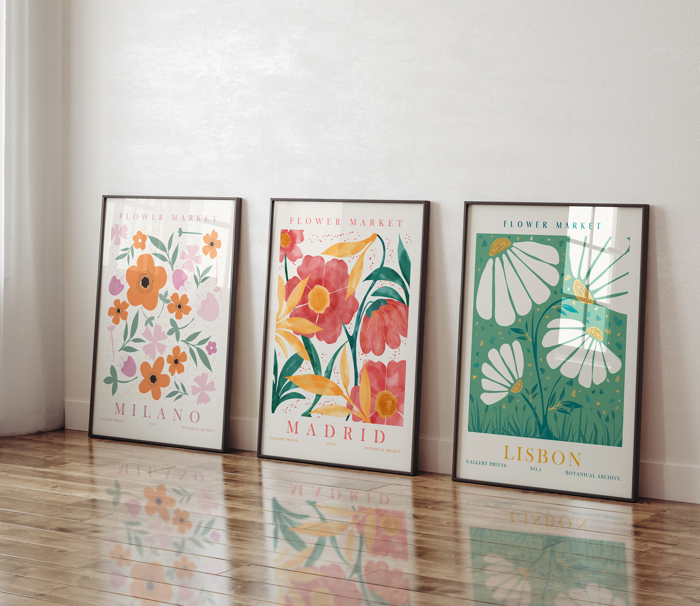 Retro Flower Market Wall Art, Set of 3 Flower Artworks, Digital Download Floral Apartment Wall Decor, Madrid, Milano, Lisbon Prints