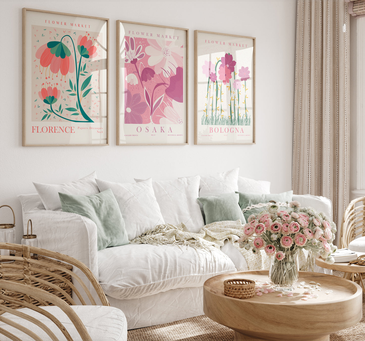 Modern Flower Living Room Decor, Flower Market Wall Art Set, 6 Pieces of Botanical Posters, Digital Download Floral Prints