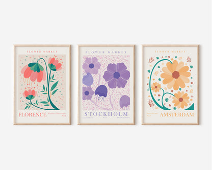 Flower Market Set of 3 Prints, Digital Flower Apartment Wall Art, Purple, Yellow, Pink Floral Wall Decor, Stockholm, Amsterdam, Florence Wall Art