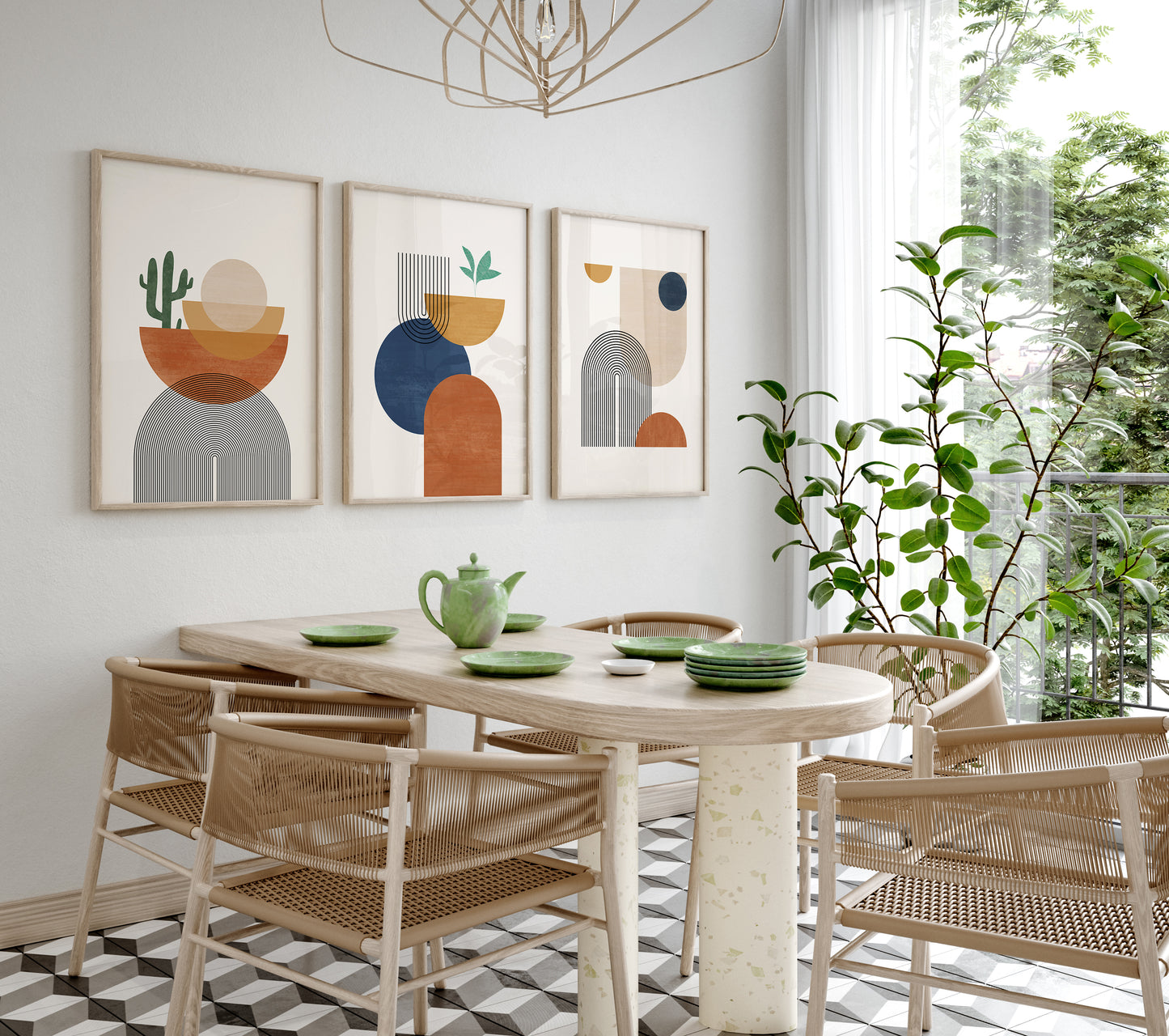 Abstract Boho Wall Art Set, Orange Yellow Blue Wall Decor Prints, Set of 3 Posters, Digital Download