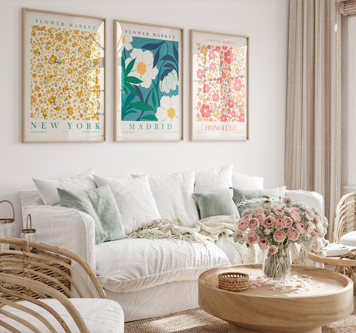 Flower Market Wall Art Set of 6, Digital Download Floral Apartment Decor, Madrid, London, Honolulu Prints