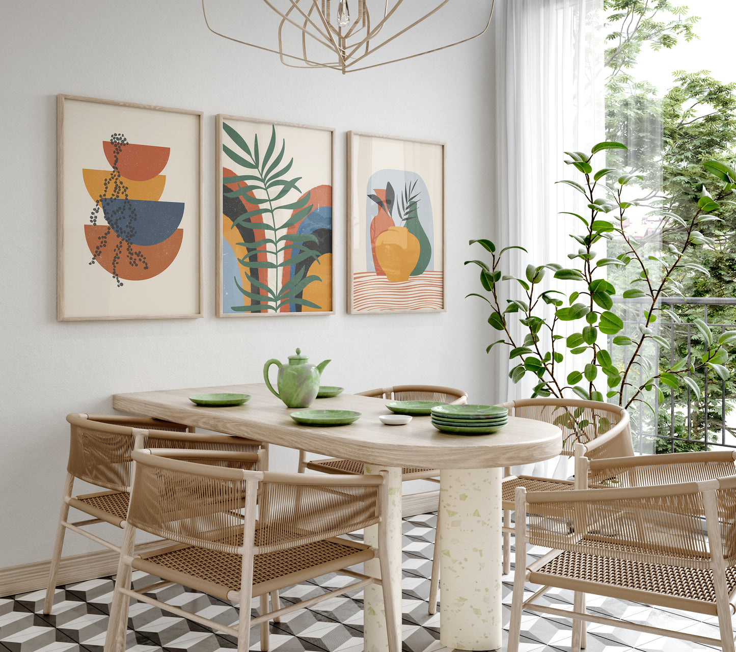 Orange Green Boho Wall Art Set of 3 Art Prints, High Quality Digital Posters