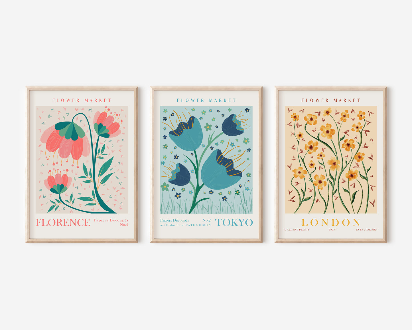 Flower Market Prints, Set of 3 Wall Art, Floral Apartment Wall Decor, Florence, London, Tokyo Flower Digital Posters