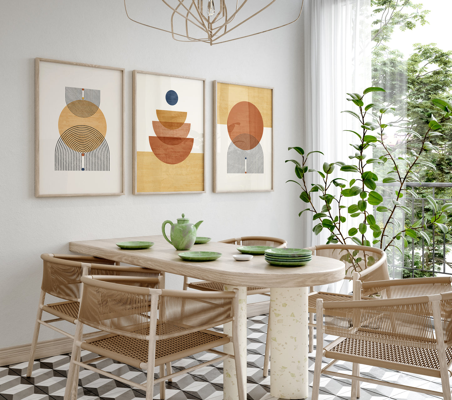 Abstract Geometric Orange Yellow Boho Wall Art Set, Mid Century Modern Home Decor, Set of 3 Prints