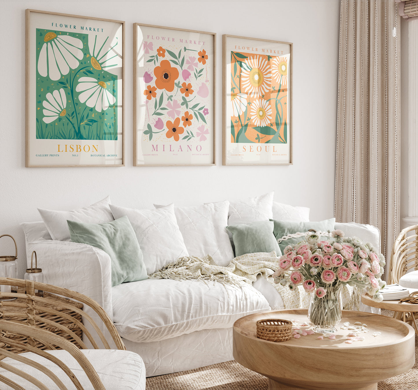Orange Green Flower Wall Art Set, 3 Pieces of Digital Floral Wall Decor, Lisbon, Milano, Seoul Posters, Flower Market Travel Prints
